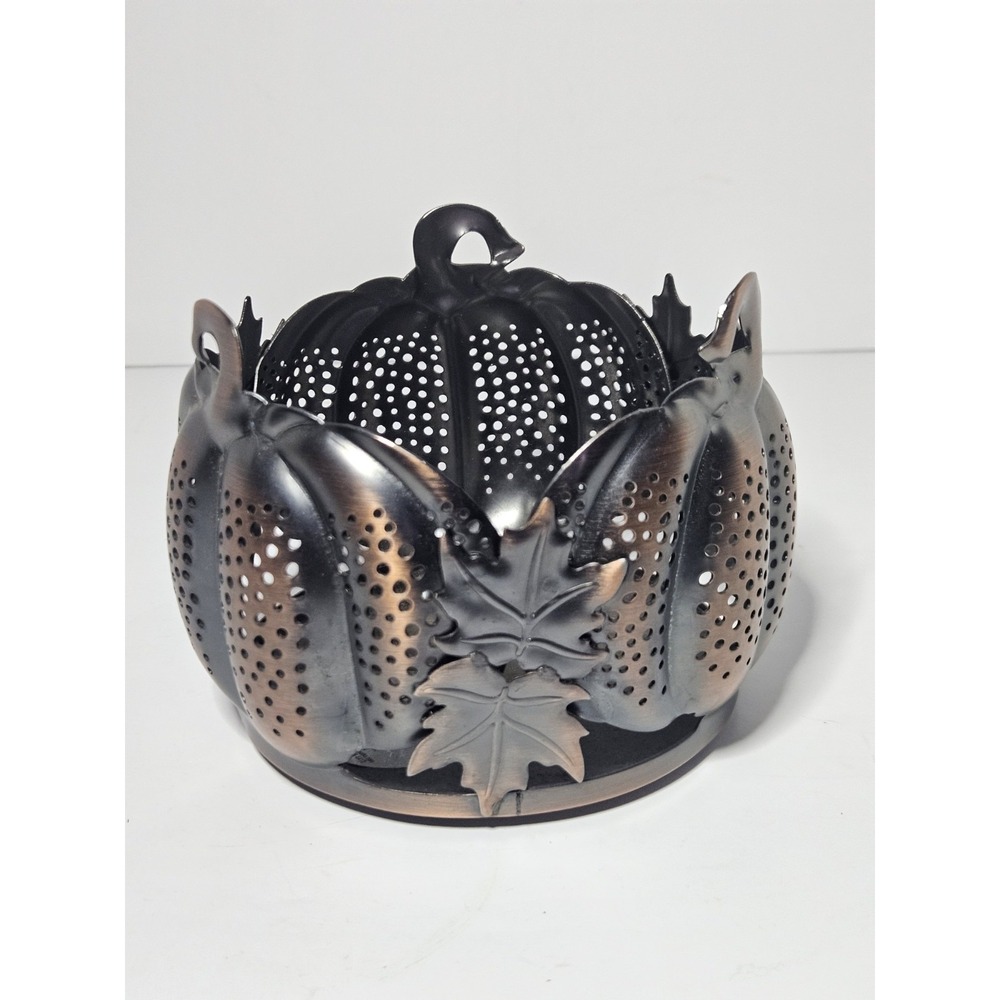 Bath & Body Works Pumpkin Leaves 3 Wick Candle Holder Sleeve Metal Bronze Fall - Picture 2 of 7